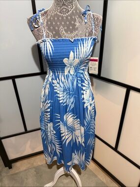 Blue Tropical Print Midi Sundress / Swim Coverup with Smocked Bodice